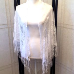 Vintage White Lace Shawl with Long Fringe